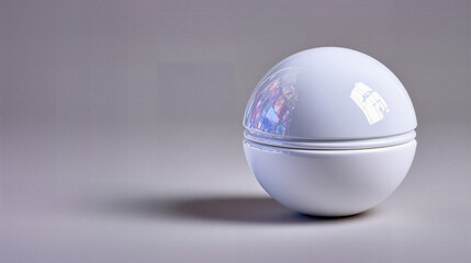 Device with spherical design on plain background showing digital display and reflective surface from different angles during indoor setting