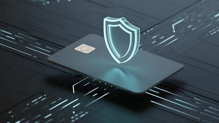 Secure Online Payment Concept with Credit Card and Glowing Holographic Shield on Abstract Technology Circuit Board Background
