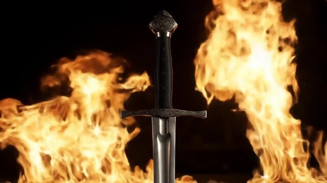 Epic medieval fantasy footage, sword amidst intense flames, perfect for dramatic intros and battle