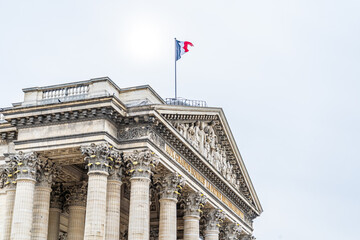 Pantheon in Paris France Flag. Old building French architecture. Columns roof