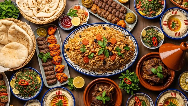 Delicious middle eastern cuisine spread on table