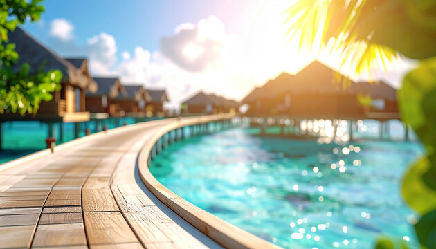 Sunlit wooden walkway curving towards overwater bungalows in a tropical turquoise lagoon - Powered by Adobe