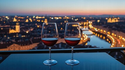 Two-glass wine still-life photograph in warm sunset colors representing romantic evening leisure [with copy space]