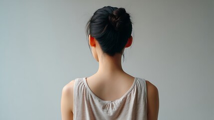 Rear view of young Asian woman with elegant bun updo, showcasing shoulder silhouette. Serene female model portrait from behind.