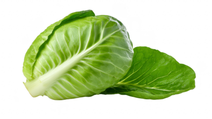 Fresh green cabbage with crisp texture and vibrant color, isolated on transparency background, perfect for healthy cooking, salad, or vegetarian recipes, evoking freshness and vitality
