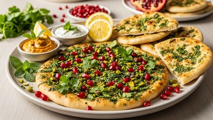 Delicious middle eastern flatbread with herbs and pomegranate seeds