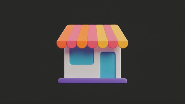 Stylized 3D icon of a small shop with a colorful striped awning on a dark background building business