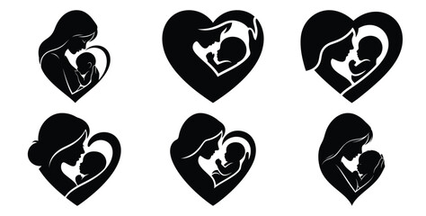mother and baby heart shape vector art icon set. Black color  and white background