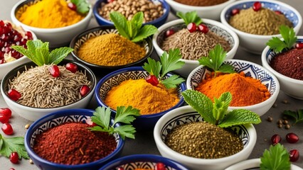 Fototapeta premium Assortment of spices and herbs in decorative bowls