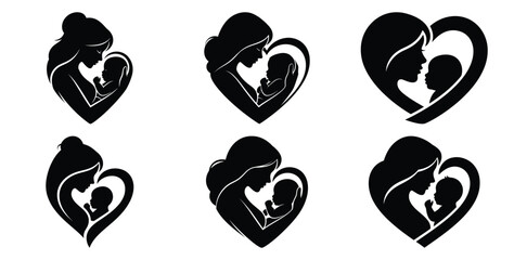 mother and baby outline heart vector art icon set. Black color  and white background