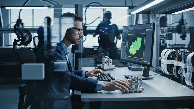 Engineer works on 3D CAD model at computer. Man designs component in engineering office. Designer uses software for modeling. 3D model displayed on monitor. Engineer at workstation in lab.