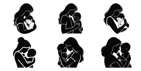 mother and child love pose vector art icon set. Black color  and white background