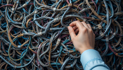 Person untangling complex network of colorful wires and cables