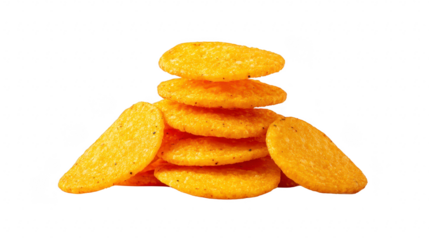 Crispy potato chip stack golden color crunchy texture salty snack appetizing isolated on transparency background junk food fast food round shape closeup view