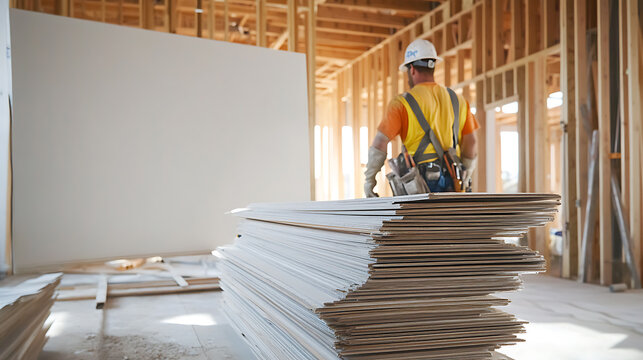 Construction worker carrying drywall in a framed house, getting ready to hang drywall for the walls and ceilings of the new house. The process is hard work but makes the house complete.