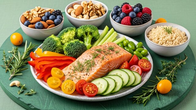 Healthy meal with grilled salmon and fresh vegetables - Powered by Adobe