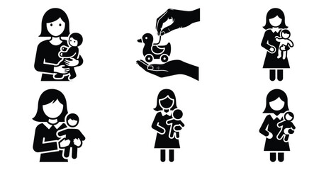 Naklejka premium mother holding childs toy vector art icon set. Black color and white background