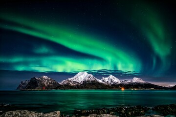 Naklejka premium Northern lights over snowy mountains