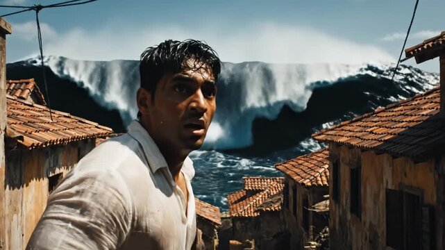 Man runs fast through narrow village alley street fleeing danger