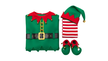 Christmas Elf Costume Flat Lay Product Shot with Green Tunic, Hat, Striped Stockings, and Shoes