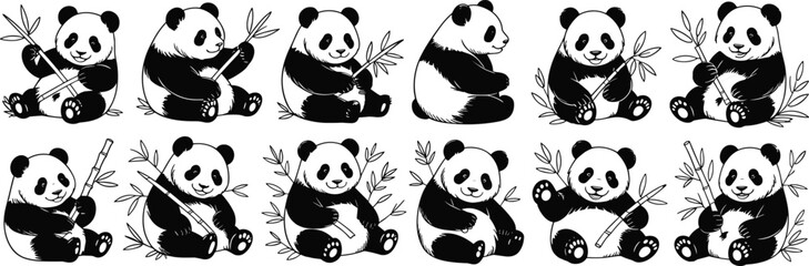Cartoon panda vector set, cute panda illustrations with bamboo, black and white bear collection, wildlife animal drawing, adorable nature clipart   flat vector illustration © It's Sohan Here