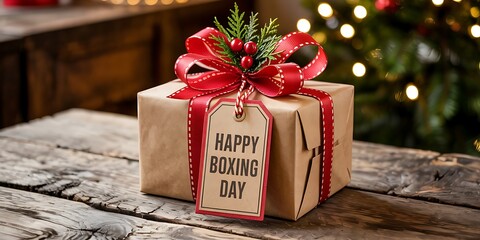 Festive Christmas Gift Wrapped in Kraft Paper with Red Ribbon and Happy Boxing Day Tag on Wooden Surface