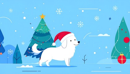 Fototapeta premium Cartoon white dog wearing a Santa hat stands near Christmas trees on a blue background with snowflakes