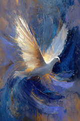 White dove in motion with abstract blue and gold brushstrokes on textured dark background, symbolizing peace