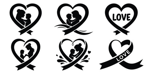 mothers day love ribbon vector art icon set. Black color  and white background