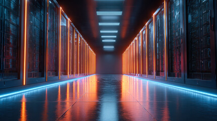 Futuristic data center corridor featuring glowing server racks with vibrant orange and blue led lighting reflecting on polished floor for advanced technology