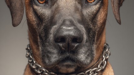 Close-up portrait of a brown dog with intense gaze and chain collar