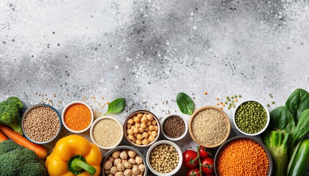 Diverse selection of healthy foods including vegetables, lentils, and grains arranged artfully on a textured surface