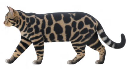 Bengal cat with striking spotted and marbled fur pattern walking gracefully side view domestic feline short hair alert expression natural beauty pet isolated on transparency background