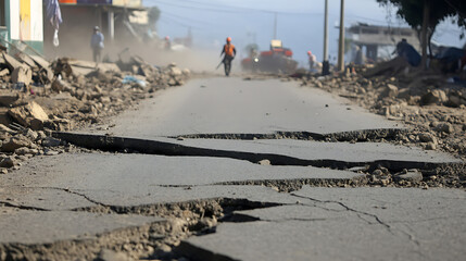 An earthquake has created cracks in the road, debris on either side. Personnel in the distance are assessing and clearing the damage caused by the natural disaster.