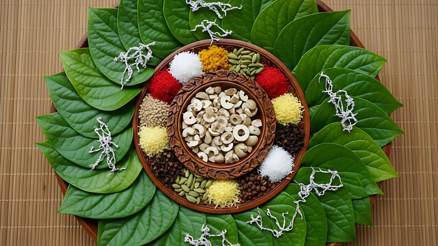 Betel leaf with ingredients for chewing pan