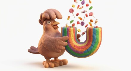 Playful Hen with Rainbow and Falling Candy in a Whimsical Scene
