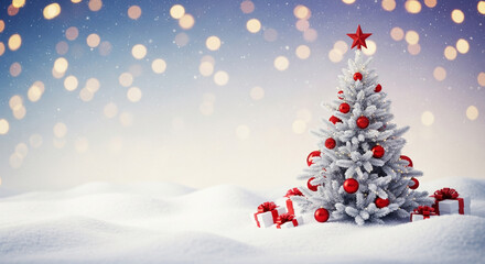 Obraz premium A festive Christmas scene. A snow-covered Christmas tree is centered in the image