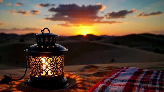 Traditional Ramadan Glow: Ornamental Arabic Lantern with Decorative Pillows and Rug