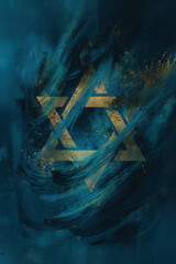 Star of David symbol in gold and blue abstract painting with textured brushstrokes and spiritual expression