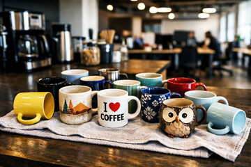 Assorted Colorful Coffee Mugs on Counter in Modern Open Office Kitchen