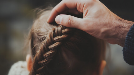 Naklejka premium A tender moment captured, a hand gently resting on braided hair, symbolizing affection and care. The braid showcases meticulous detail in interwoven strands.