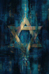Abstract Star of David in gold with swirling blue brushstrokes and textured background, spiritual and modern
