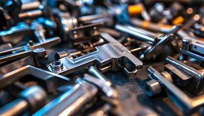 Fototapeta premium Close-up view of various metal clamps