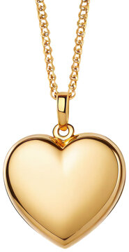 Polished, gleaming golden heart-shaped locket with intricate chain detailing hangs gracefully, exhibiting a subtle metallic sheen and realistic texture,, isolated on transparent background.