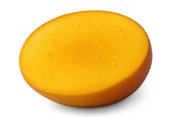 Ripe yellow mango half with water drops, a fresh organic tropical fruit providing healthy food and sweet flavor, transparent background