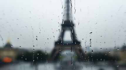 Rainy day view of a famous landmark. Streaks of water adorn the window, distorting the iconic structure. The day's overcast, creating a muted, introspective scene.