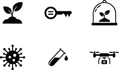 Biotech icon set, plant growth, key, virus, test tube, drone, dome protection, agriculture tech, vector, flat, minimal, outline, innovation © Mst