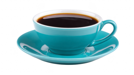 Blue ceramic cup filled with black coffee on matching saucer, isolated on transparency background, modern style, inviting and warm atmosphere, perfect for morning or break time
