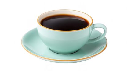 Freshly brewed black coffee in light blue ceramic cup with matching saucer, isolated on transparency background, evokes calm and inviting morning atmosphere
