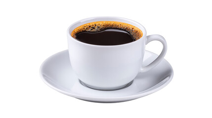 Obraz premium White ceramic cup filled with hot black coffee on matching saucer, isolated on transparency background, showing rich aroma and inviting warmth, perfect for morning energy boost
